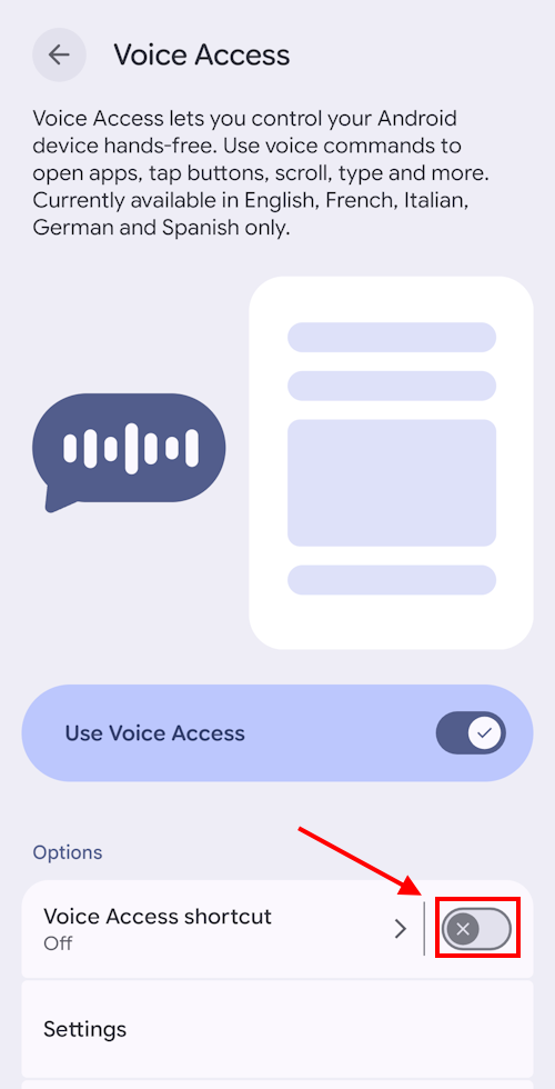Tap the toggle switch for Voice Access shortcut to turn it on